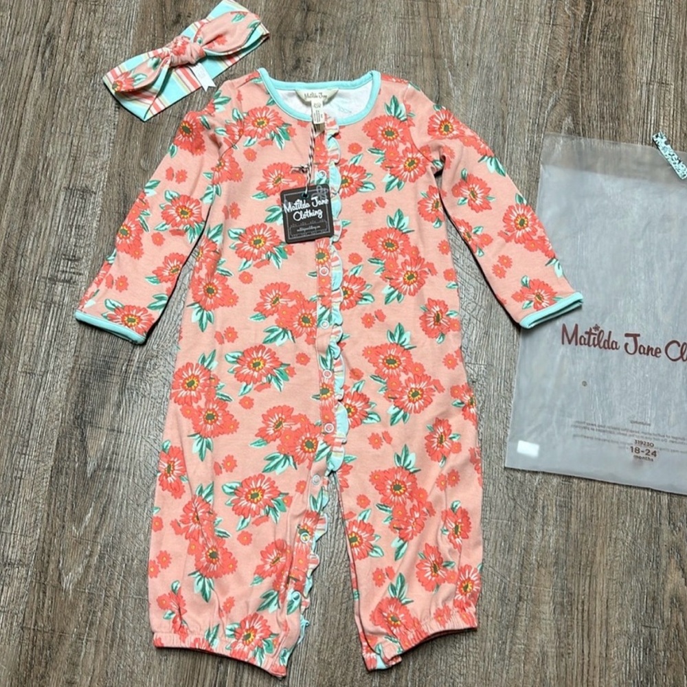 Matilda Jane Coral Peach Floral Romper with Mint Accents
